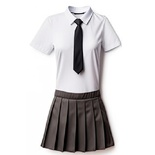 White Short Sleeved Blouse With Black Tie and Grey Skirt